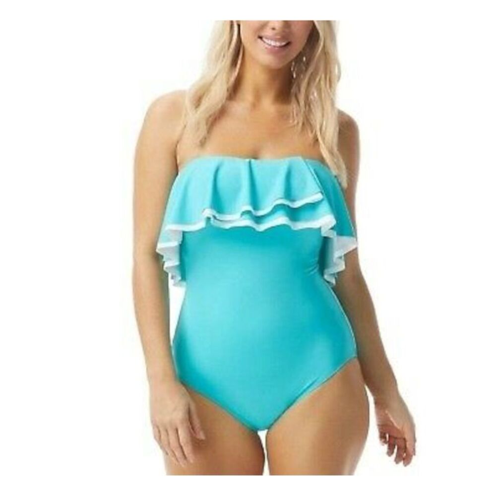 CONTOURS Women's Aqua Bandeau Neckline Ruffled One Piece Swimsuit 14 38C
